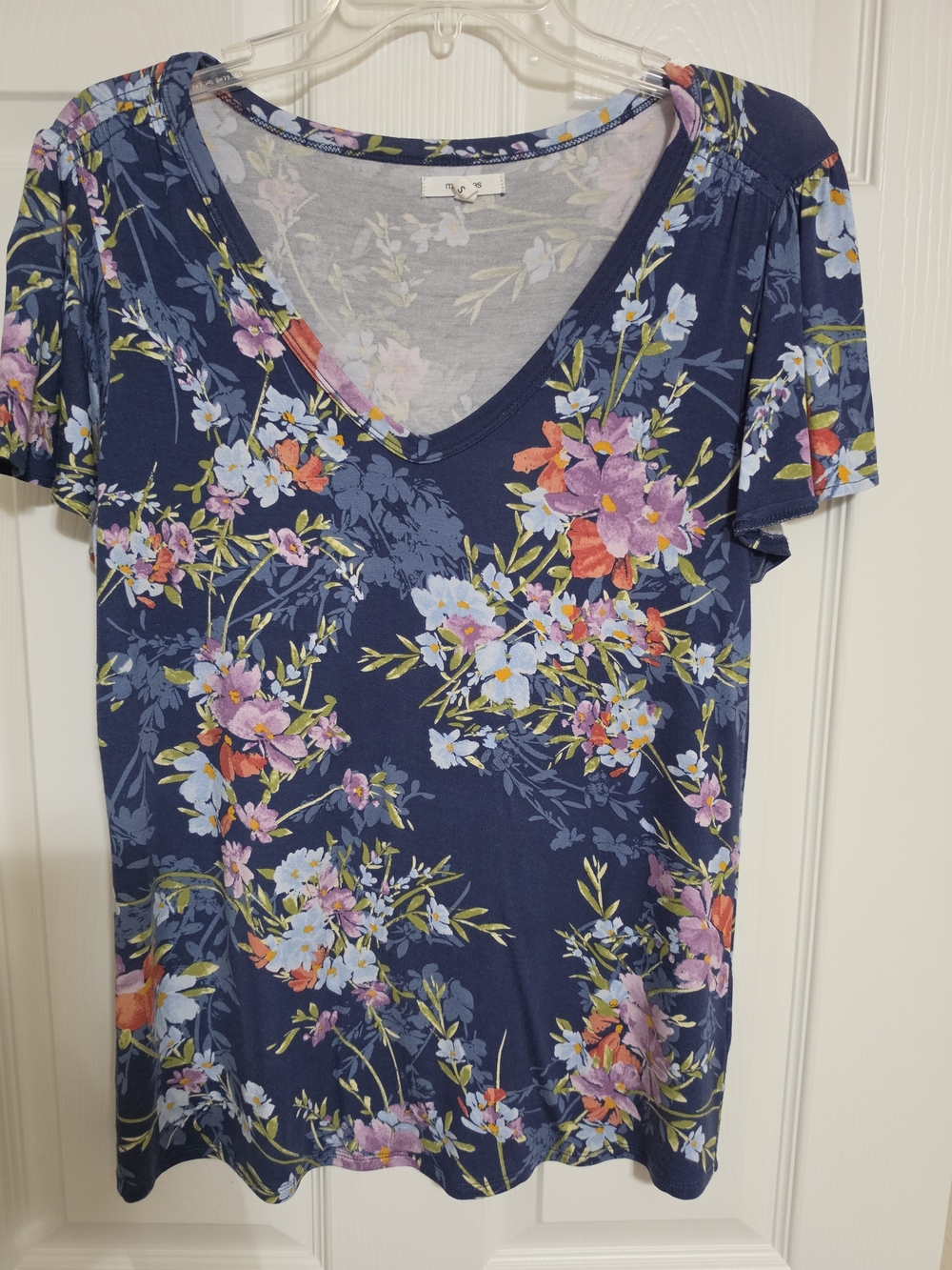 Maurices Navy Floral V-Neck Short Sleeve Top